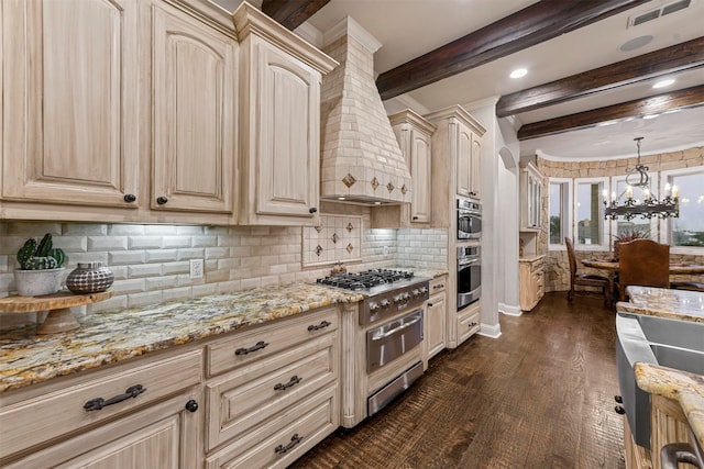 kitchen with light brown cabinets, tasteful backsplash, dark hardwood / wood-style flooring, beamed ceiling, and oven