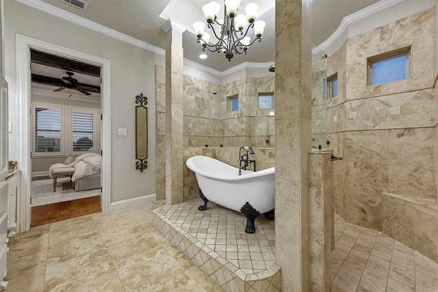 bathroom featuring ceiling fan with notable chandelier, separate shower and tub, tile walls, and ornamental molding