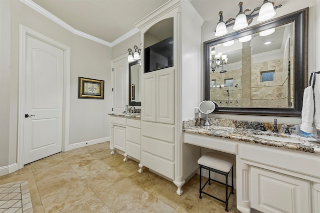 bathroom featuring vanity, crown molding, walk in shower, and an inviting chandelier