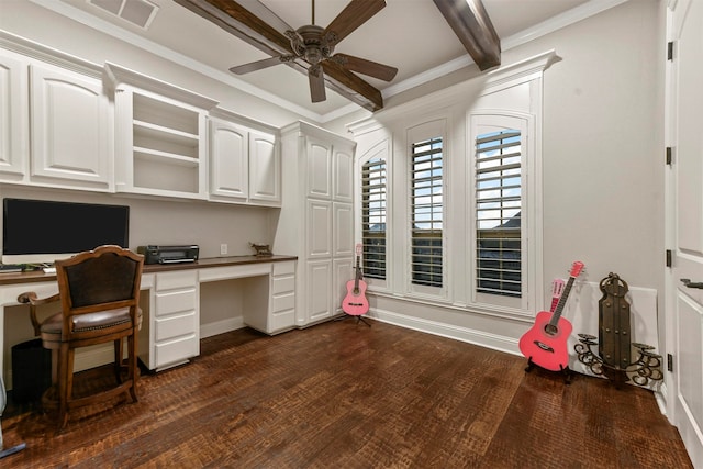 office with beam ceiling, ceiling fan, dark hardwood / wood-style flooring, built in desk, and ornamental molding