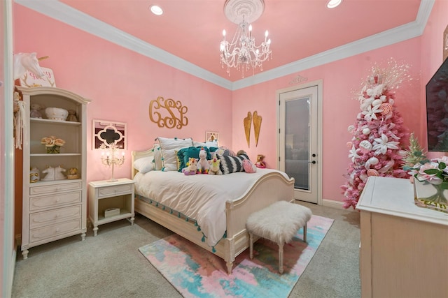 carpeted bedroom with an inviting chandelier and ornamental molding