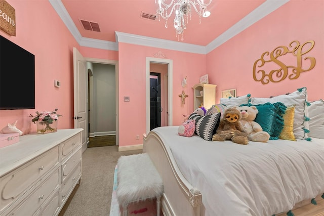 carpeted bedroom featuring an inviting chandelier and ornamental molding