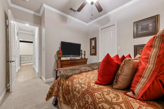 bedroom with light carpet, ceiling fan, and ornamental molding