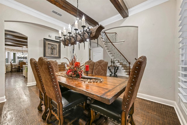 dining space with beamed ceiling, ornamental molding, dark wood-type flooring, and a chandelier