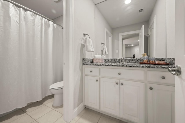 full bathroom with tile patterned floors, visible vents, toilet, and vanity