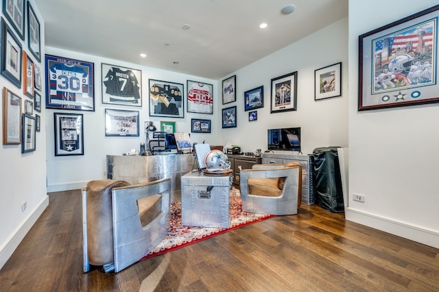 home office with dark wood-type flooring