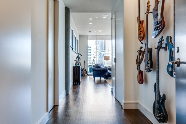 corridor with expansive windows and dark hardwood / wood-style flooring