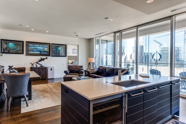 kitchen featuring dark hardwood / wood-style flooring, a kitchen island with sink, and sink