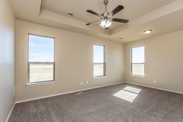 carpeted spare room featuring a tray ceiling, ceiling fan, and a healthy amount of sunlight