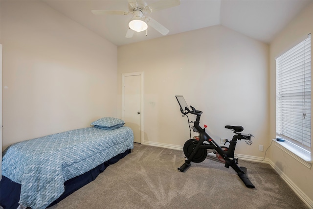 carpeted bedroom with multiple windows, ceiling fan, and vaulted ceiling