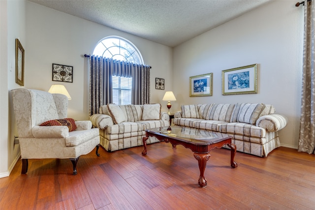 living room featuring lofted ceiling, a textured ceiling, and hardwood / wood-style flooring