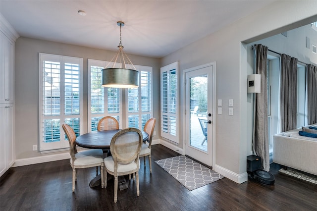 dining space featuring a wealth of natural light and dark wood-type flooring