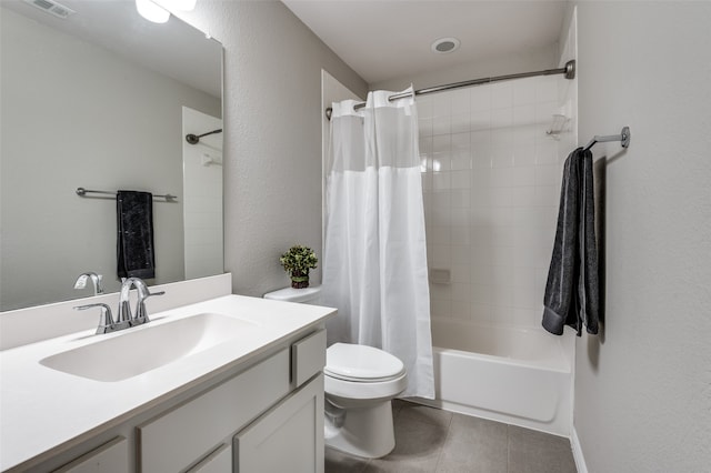 full bath featuring visible vents, toilet, shower / tub combo with curtain, tile patterned flooring, and vanity