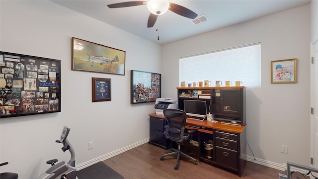 office area featuring ceiling fan and dark wood-type flooring