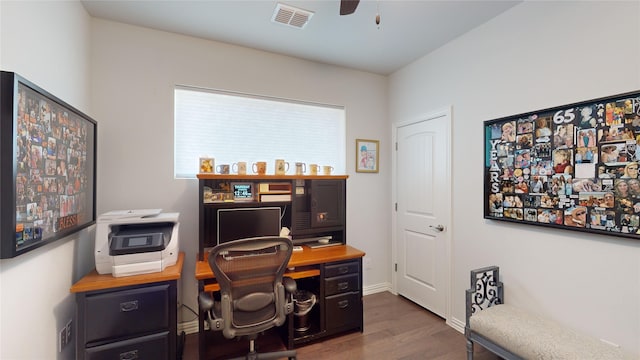 office area featuring ceiling fan and dark wood-type flooring