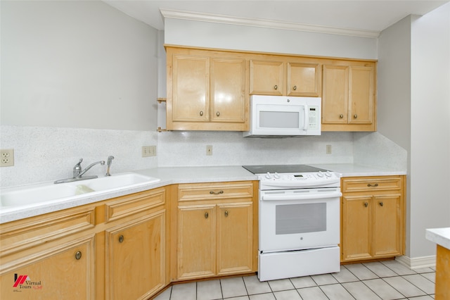 kitchen featuring decorative backsplash, light brown cabinetry, white appliances, sink, and light tile patterned floors