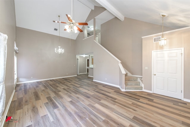 unfurnished living room featuring beamed ceiling, wood-type flooring, ceiling fan with notable chandelier, and high vaulted ceiling