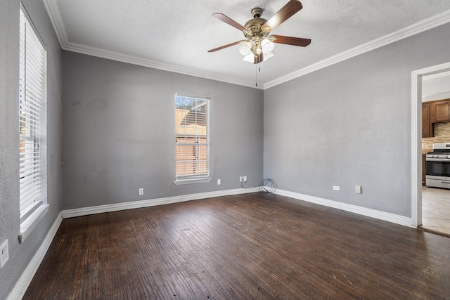 unfurnished room with hardwood / wood-style floors, a textured ceiling, ceiling fan, and crown molding