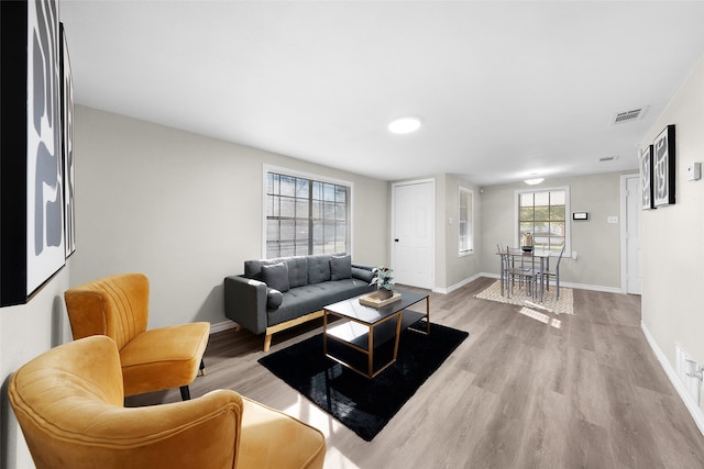 living room with light hardwood / wood-style flooring