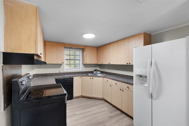 kitchen featuring dishwasher, white fridge with ice dispenser, light brown cabinets, stainless steel electric stove, and light wood-type flooring