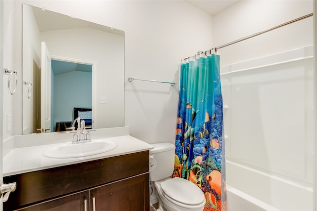 full bathroom with vanity, toilet, shower / bath combo with shower curtain, and vaulted ceiling