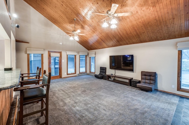 carpeted living room with high vaulted ceiling, ceiling fan, and wooden ceiling