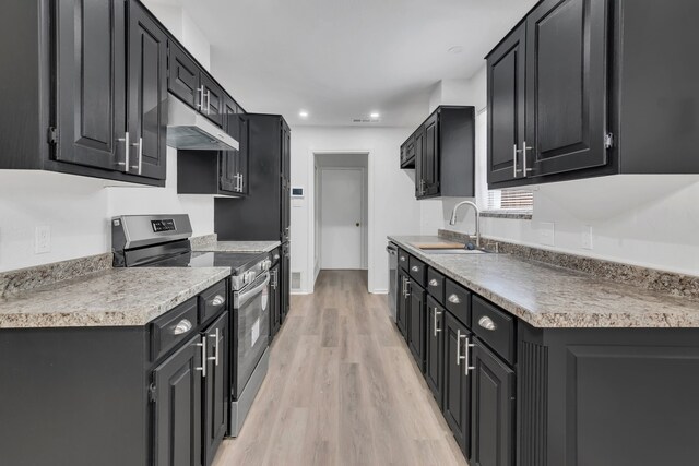 kitchen with sink, light wood-type flooring, and stainless steel appliances