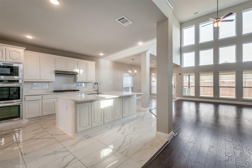 kitchen featuring white cabinets, plenty of natural light, an island with sink, and stainless steel appliances