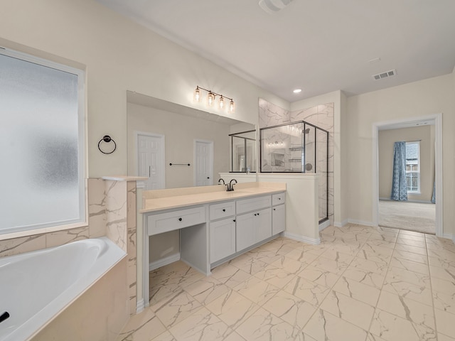 bathroom with plus walk in shower and vanity