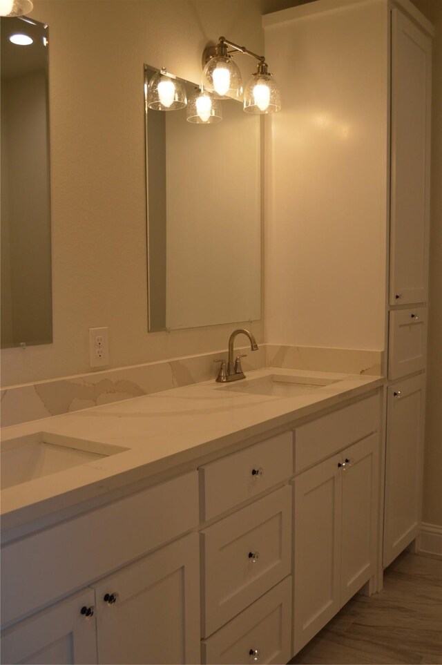 bathroom with vanity and wood-type flooring