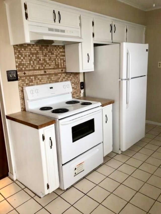 kitchen with white cabinets, backsplash, extractor fan, white appliances, and light tile patterned floors