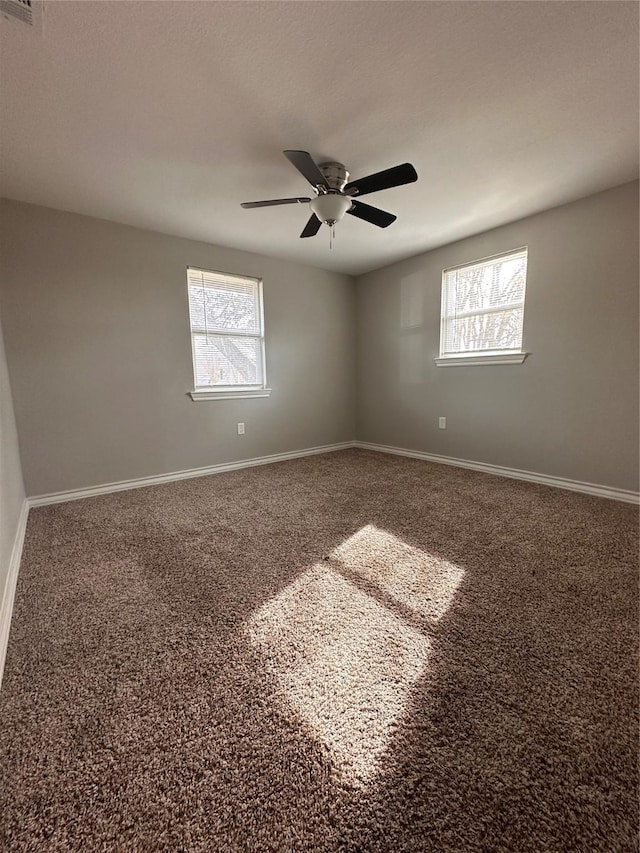 carpeted empty room with ceiling fan and a wealth of natural light