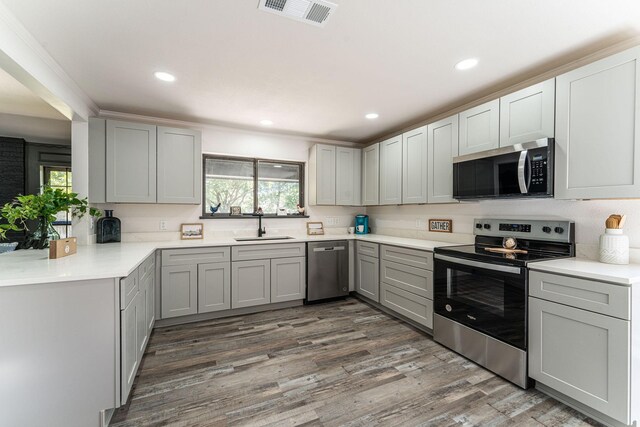 kitchen featuring sink, gray cabinets, dark hardwood / wood-style floors, and stainless steel appliances