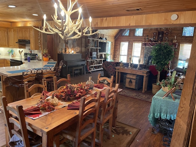 dining space with dark hardwood / wood-style flooring, wooden ceiling, a chandelier, a wood stove, and wood walls