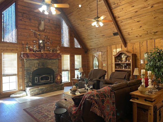 living room featuring ceiling fan, high vaulted ceiling, hardwood / wood-style floors, a wood stove, and wood walls