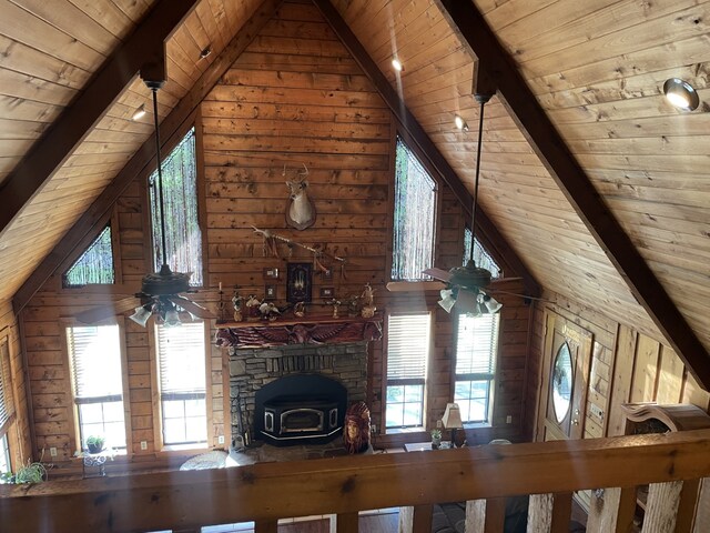 unfurnished living room with a wood stove, wooden walls, wood ceiling, and vaulted ceiling with beams