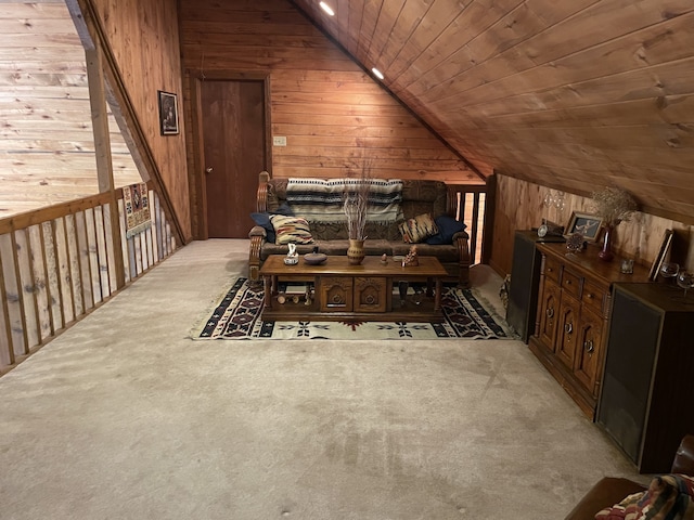 bonus room with carpet, vaulted ceiling, wood walls, and wood ceiling