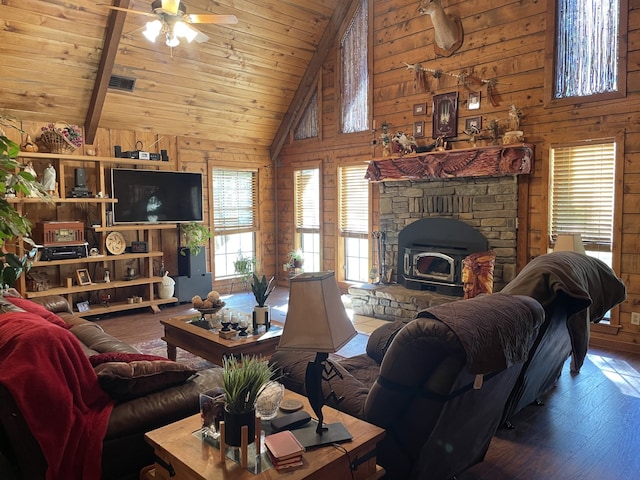 living room with a wood stove, high vaulted ceiling, wooden walls, hardwood / wood-style flooring, and beamed ceiling