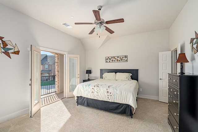 bedroom with access to exterior, ceiling fan, light colored carpet, and vaulted ceiling