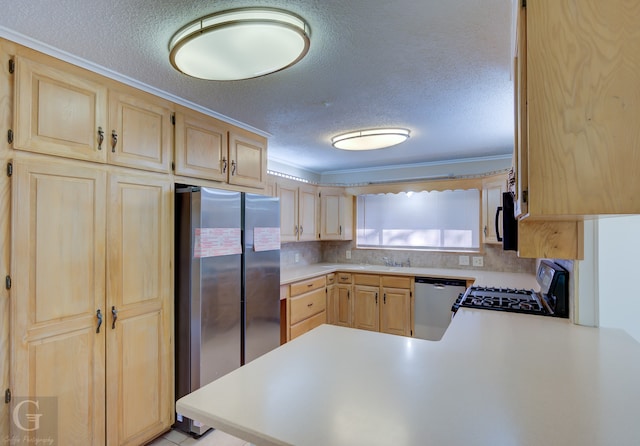 kitchen featuring stainless steel refrigerator, kitchen peninsula, light brown cabinets, and stove