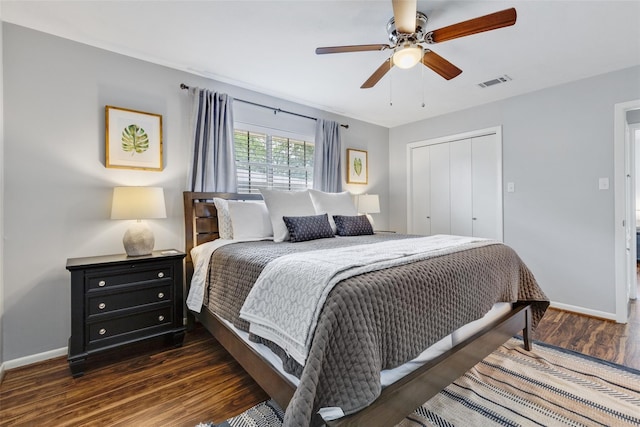 bedroom featuring dark hardwood / wood-style flooring, a closet, and ceiling fan