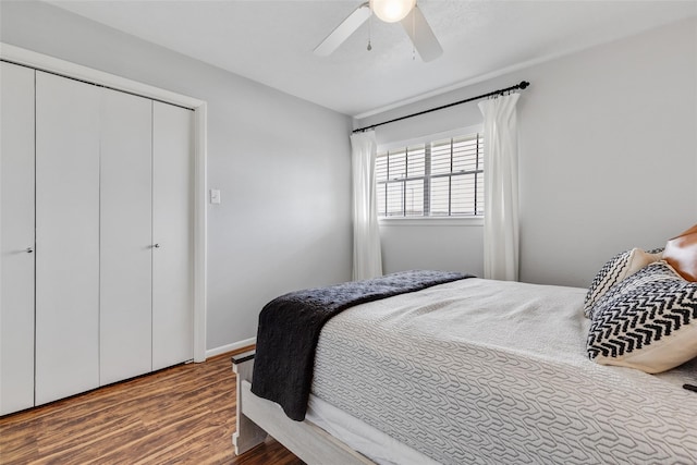 bedroom with ceiling fan, a closet, and dark wood-type flooring