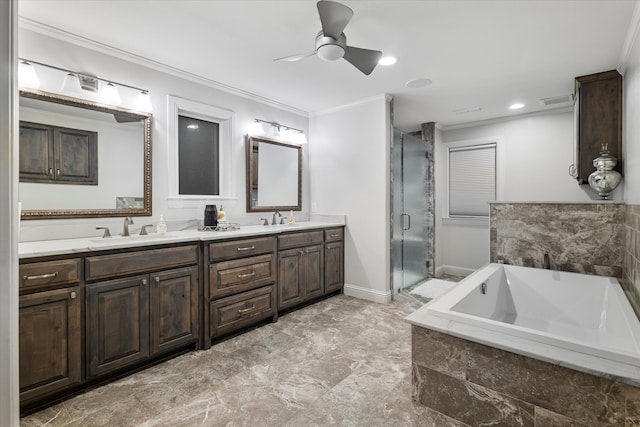 bathroom featuring vanity, ceiling fan, plus walk in shower, and ornamental molding