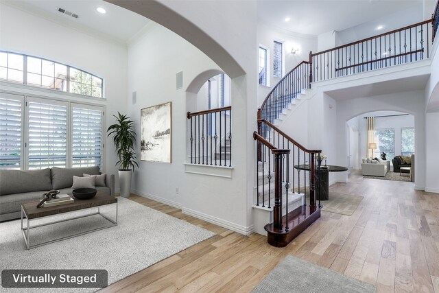 living room featuring light wood-type flooring, a towering ceiling, and plenty of natural light