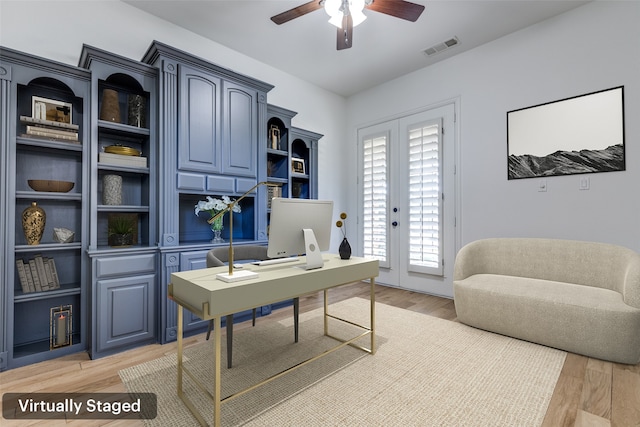 office featuring light hardwood / wood-style flooring and ceiling fan