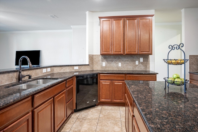 kitchen featuring black dishwasher, sink, dark stone countertops, backsplash, and ornamental molding