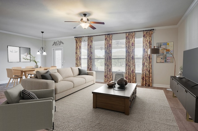 living room featuring crown molding, plenty of natural light, and ceiling fan with notable chandelier