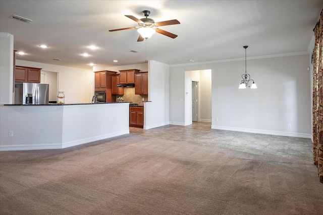 kitchen with ceiling fan with notable chandelier, decorative backsplash, light colored carpet, stainless steel fridge with ice dispenser, and crown molding