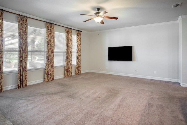 unfurnished living room featuring crown molding, light colored carpet, and ceiling fan