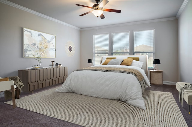 carpeted bedroom featuring crown molding and ceiling fan